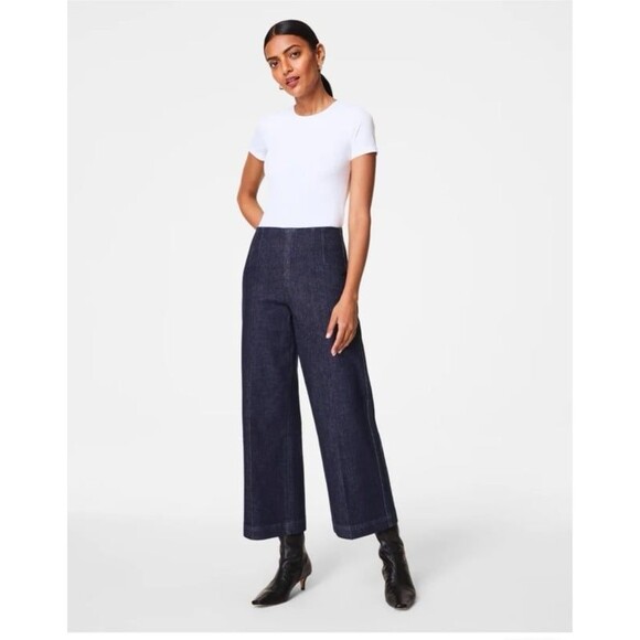 Spanx Zero Waistband Cropped Wide Leg Jeans Size M Raw Indigo Like New - Picture 2 of 10
